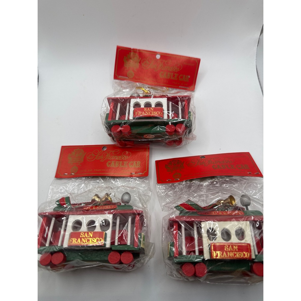 VTG Powell Market San Francisco Cable Car Wooden Christmas Ornaments Set/ 3 New